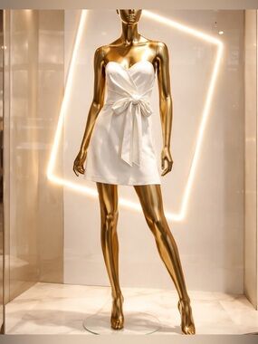 French Connection Cream Strapless Mini Dress with Waist Bow